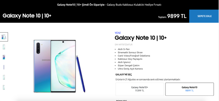 Galaxy Note 10 Türkiye fiyatı